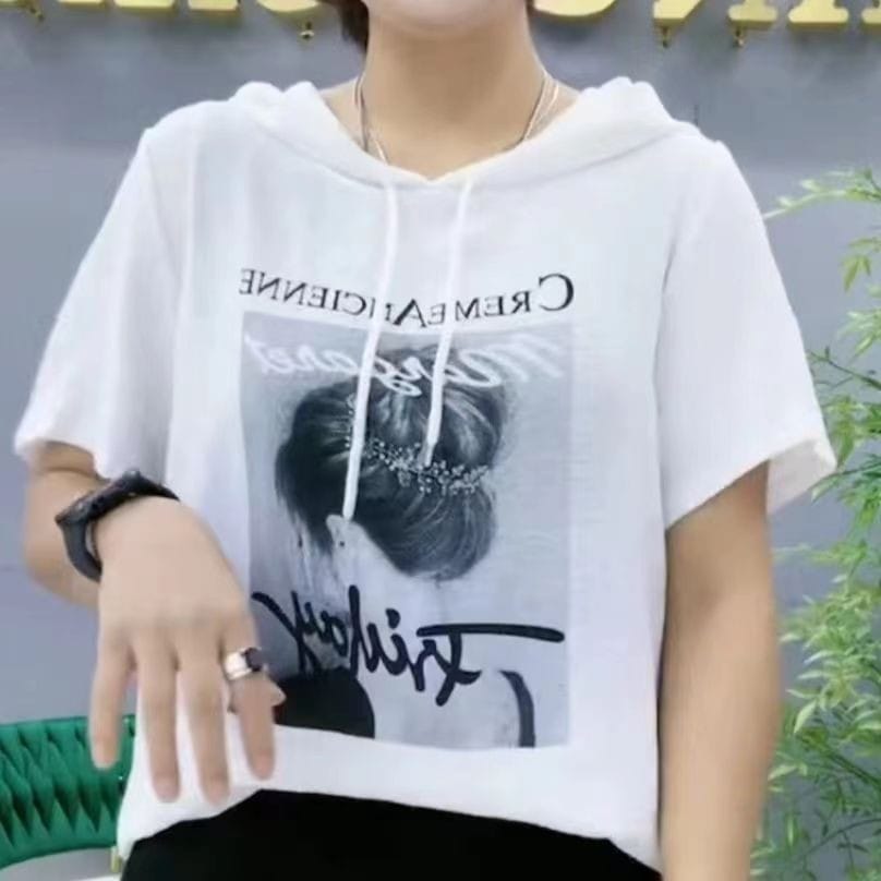 Spring Summer Short Sleeve Hooded Pullover T-shirt Women's Casual Fashion  Printing Loose Commuter Elegant Aesthet Tops