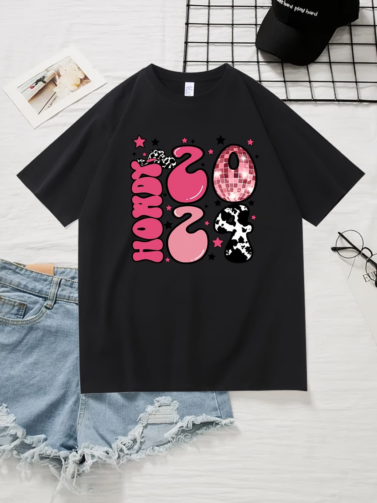 Lovely Cartoon 2024 Print Round Neck T-Shirt, Sports Trendy Short Sleeve T-Shirt, Women's Clothing