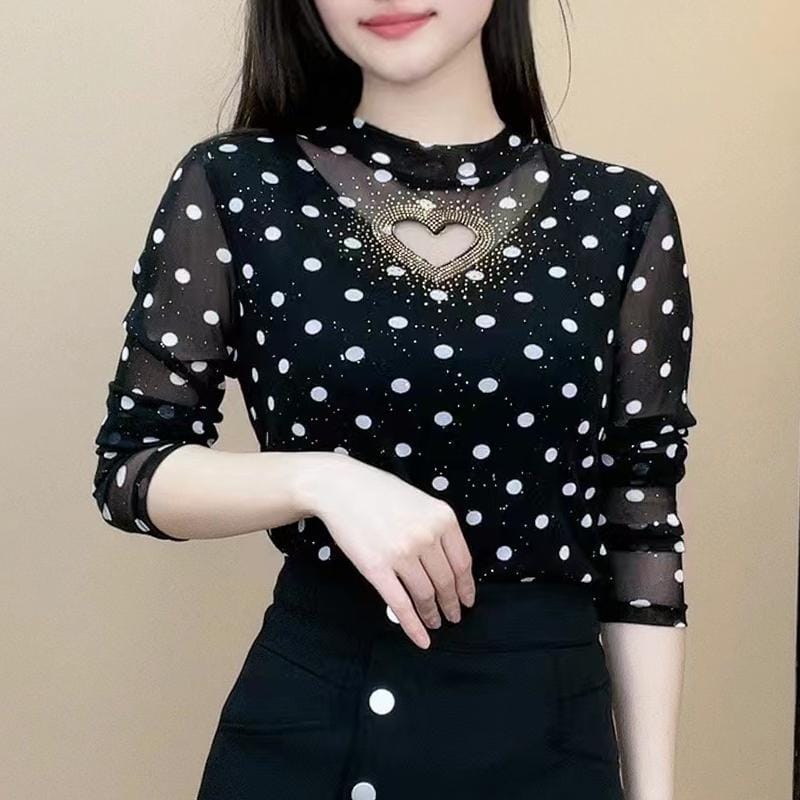 Spring Autumn Women's Pullover Round Neck Solid Gauze Polka Dot Hollow Out Rhinestone Long Sleeve T-shirt Fashion Casual Tops