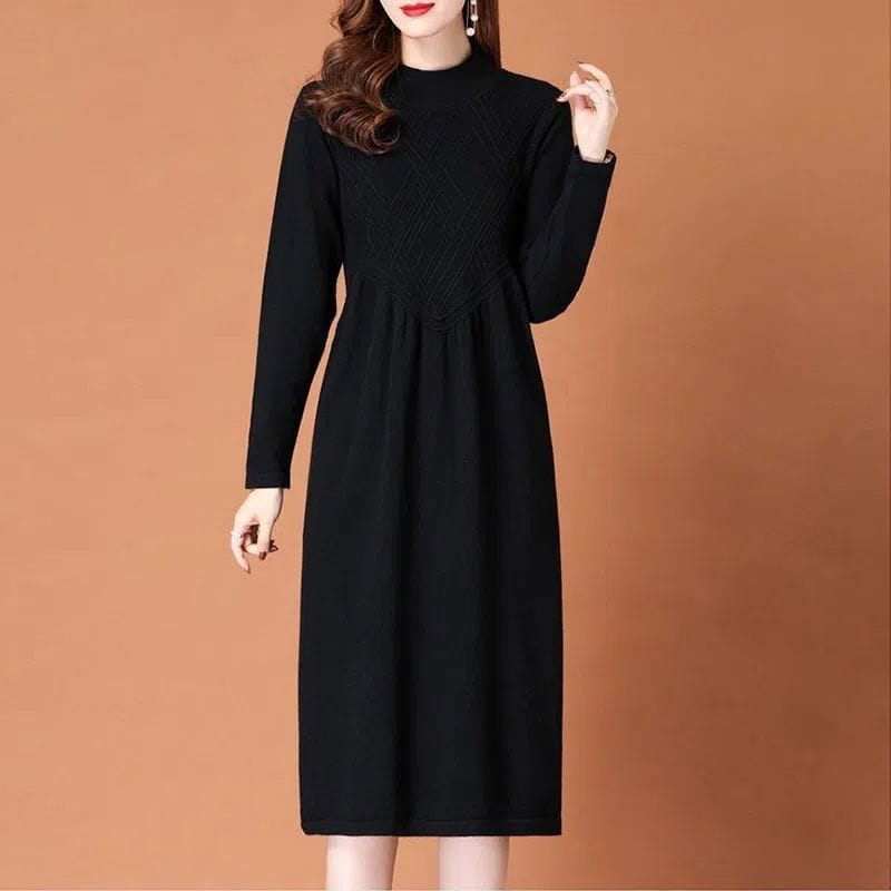 Winter Solid Color Women's Round Neck Long Sleeved Pleated Woolen Dress Autumn Multi-color Loose Casual Comfortable Dress