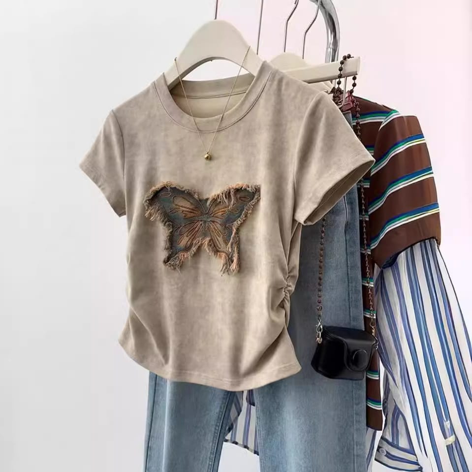 Korean Bow Shoulder Short Sleeve T-shirt Women's 2024 Summer Fashion New Harajuku Design Sense Joker Waist Slim Casual Short Top