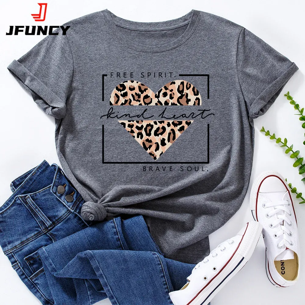 JFUNCY Oversize Women's Tops Leopard Love Heart Print Tshirt Female Shirts Summer Casual Short Sleeve Basic Tee Cotton T-shirt