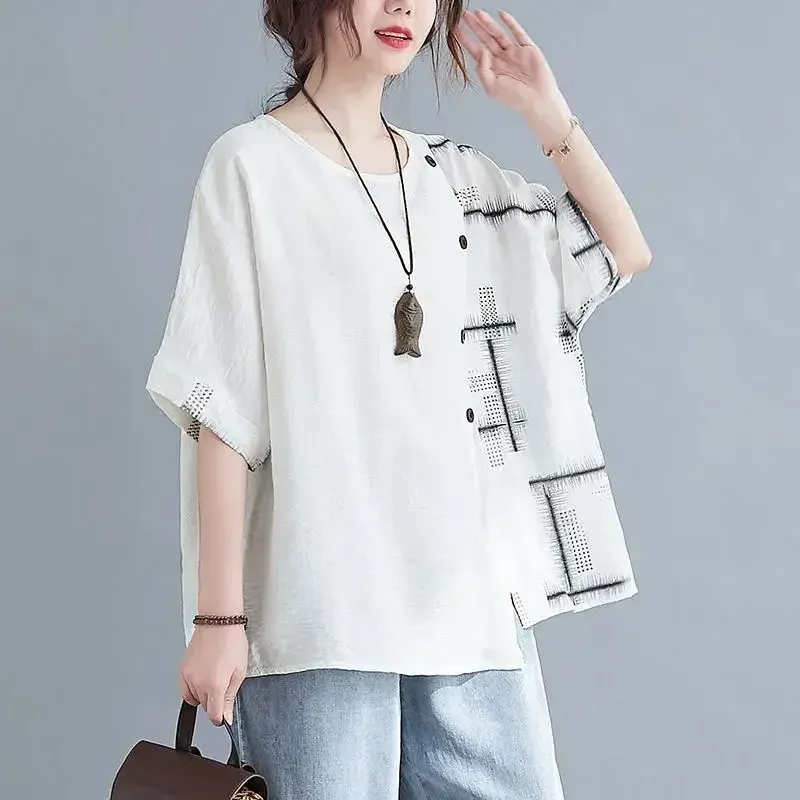 2024 Fashion Summer Printing Women's Round Neck Button Asymmetric Lattice Casual Versatile Loose Short Sleeve T-shirt Tops LU260