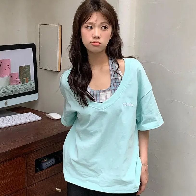 Short-Sleeved Fake Two-Piece Contrasting Color Splicing American Retro Simple Wear T-Shirt Women'S Slim Summer Top