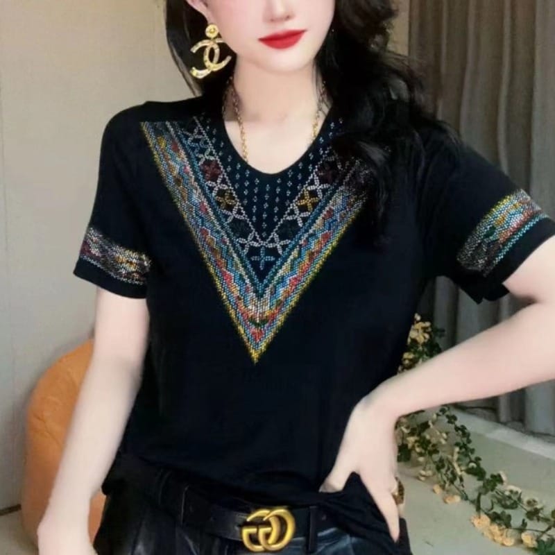 2024 Summer Women's Pullover O-Neck Embroidery Rhinestone Fashion Slim Minimalist All-match Casual Short Sleeve T-Shirts Tops