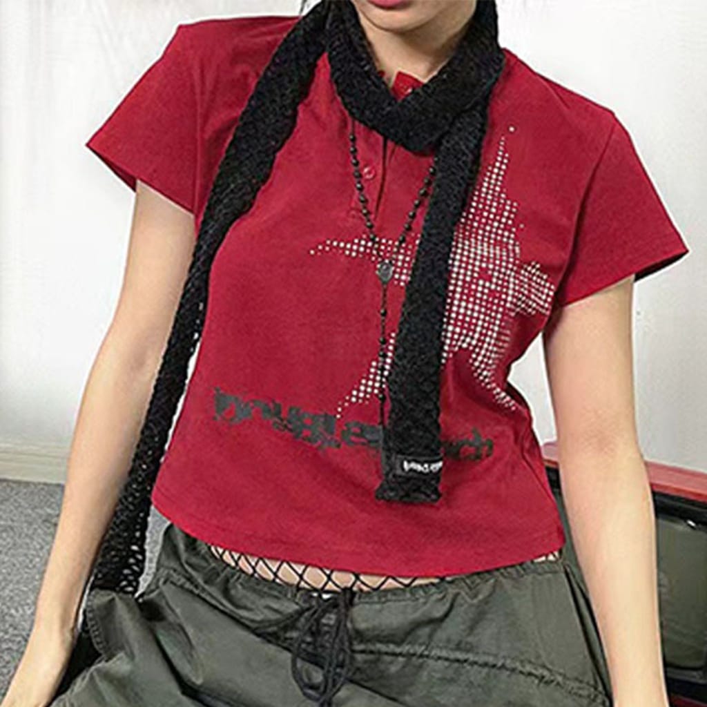 Women's Aesthetic Summer Streetwear Slim Fit Short Sleeve Star Print Button T-Shirt Round Neck High Street T-Shirt