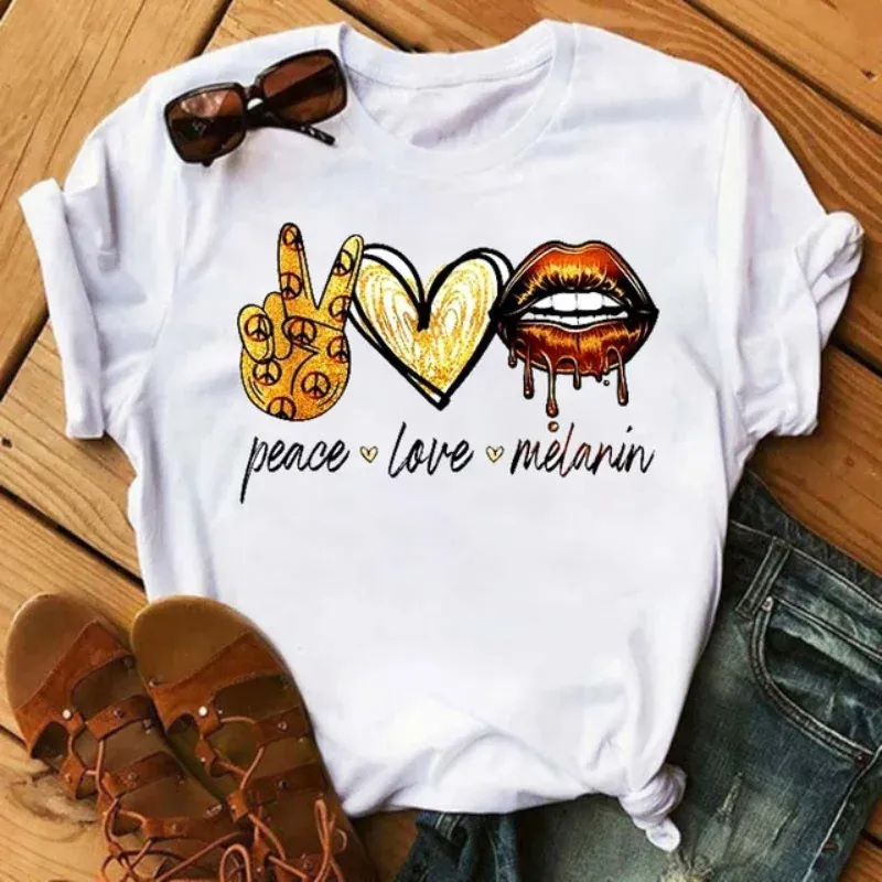 Women's New T Shirt Short Sleeve Fashion Cartoon Peace Love Series Printed Large Size Leggings Lively Girl Crewneck T-shirts