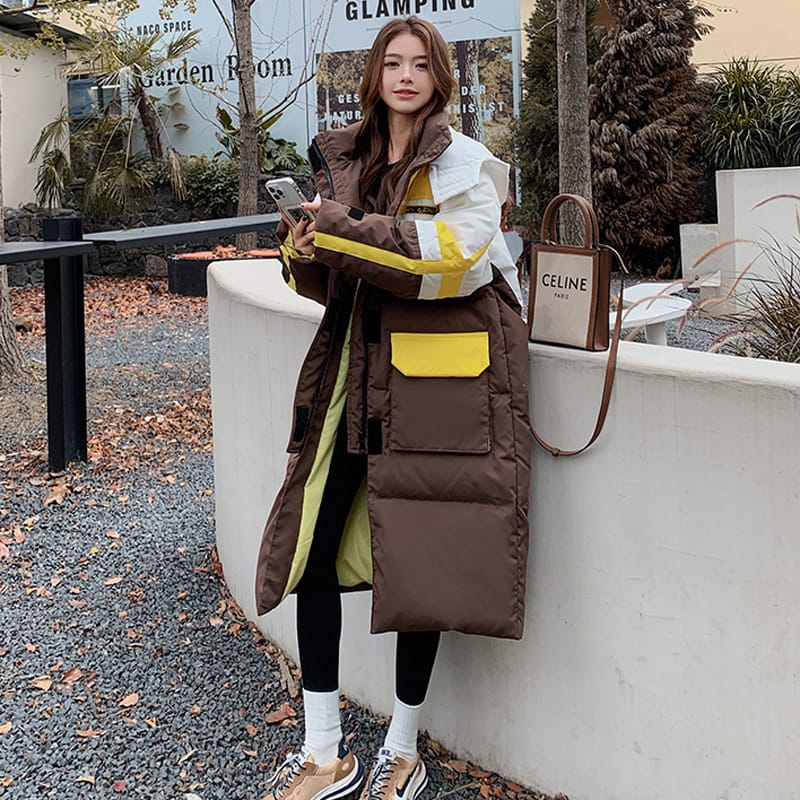 Women's Winter Coat Long Thickened Loose Bread Jacket Female 2024 Hooded Contrast Color Stitching Down Padded Fashion Clothing