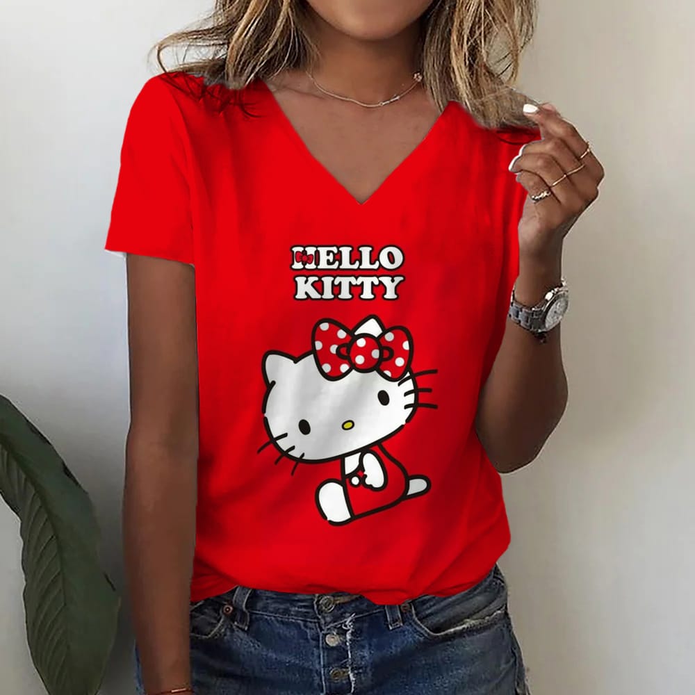 2024 Women's T-Shirts Women's 3D Print Short Sleeves Fashion T-Shirts Hello Kitty Summer Tops Women's High Street V-Neck Tops