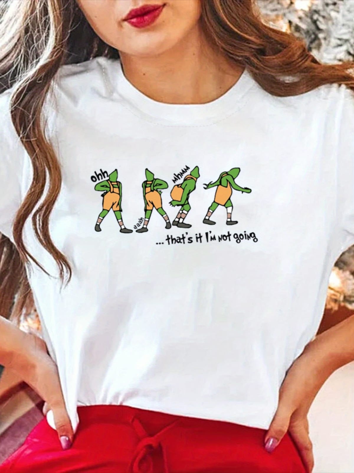 Women's Christmas Cartoon Letter Print Crew Neck T-Shirt, Casual Short Sleeve Top, Spring and Summer Clothing