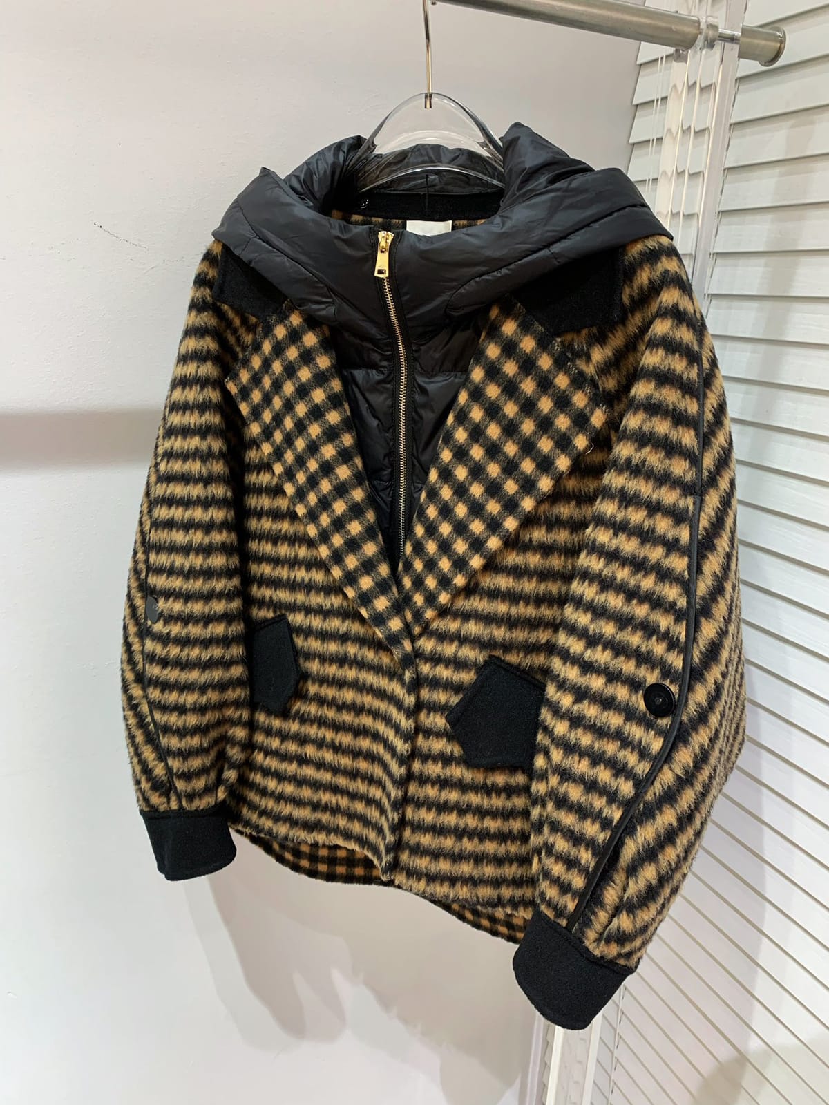Women's Clothing Hooded patchwork plaid down hooded wool jacket Winter New   0119