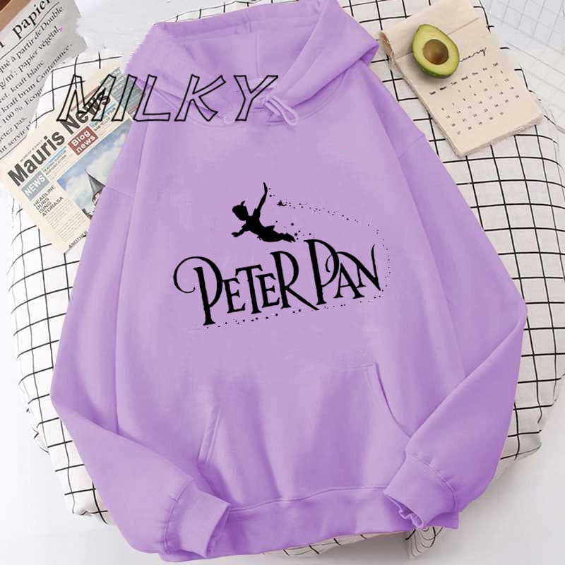 Women's Casual Hoodies Autumn Winter New Anime Movie Peter Pan Letter Print Round Neck Long Sleeve Grunge Pullover Sweater