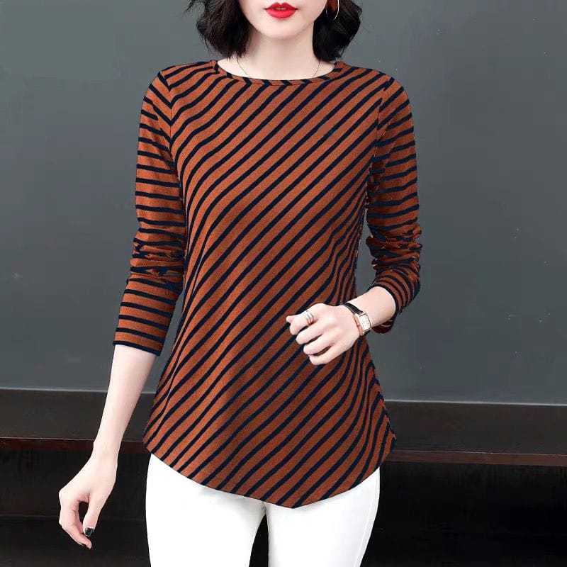 Fashion Printed Striped Loose All-match T-Shirt Women's Clothing 2023 Autumn New Oversized Casual Pullovers Korean Tee Shirt