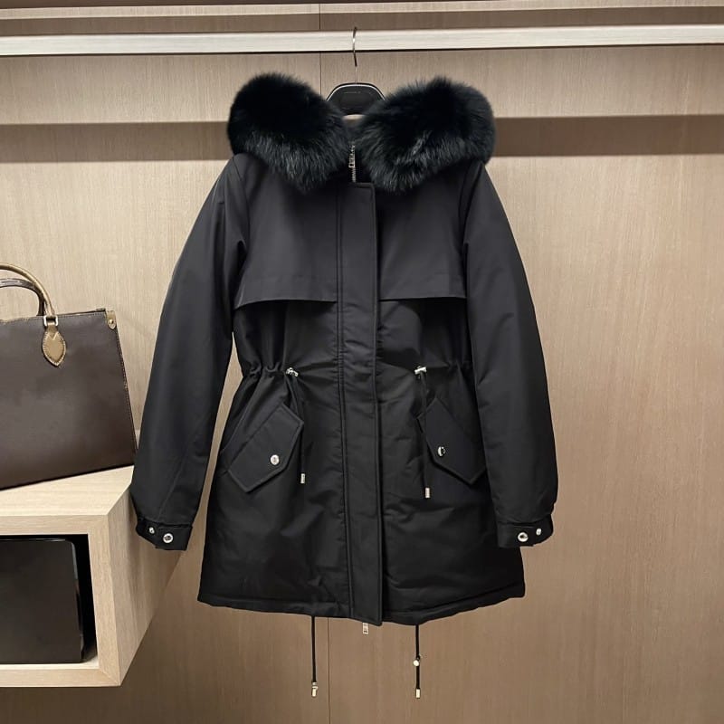 Women's Clothing Large fur collar waist drawstring hooded down jacket Winter New  NO.3