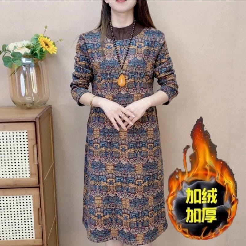Women's Autumn Winter New Fashion Simple High Neck Pullover Printed Pocket Casual Versatile Long Sleeve Loose Plush Dress