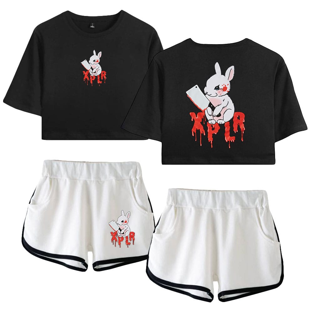 XPLR Sam and Colby Rabbit Tee Two Piece Set Short Sleeve Crop Top Navel Tshirt+Shorts 2023 New Logo Fashion Women's Sets