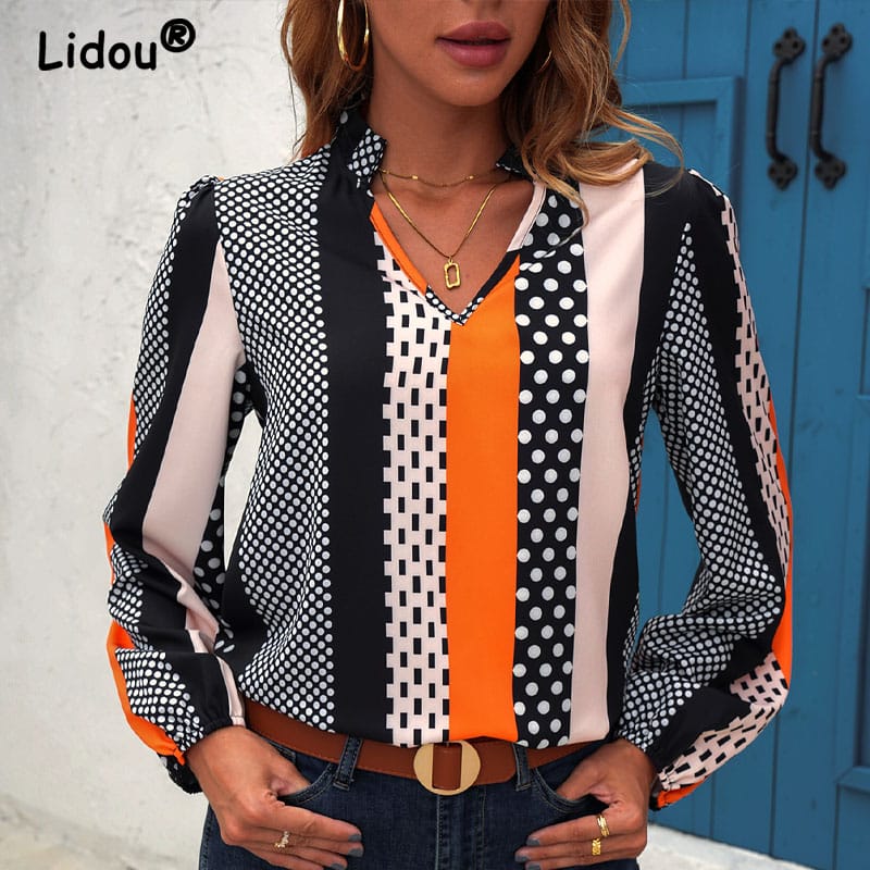 2023 Spring and Autumn Women's New Fashion Commuter Print Loose Long Sleeve V-Neck Shirt Casual Comfortable Versatile Top