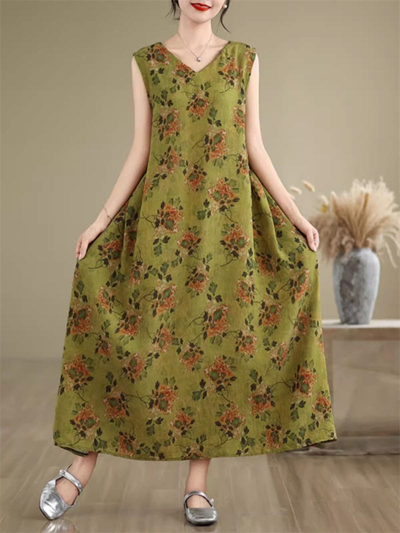 Retro Floral Cotton And Linen Vest Dress Women's Oversized Summer Loose Sleeveless Ethnic Style Printed Midi Dresses K1894