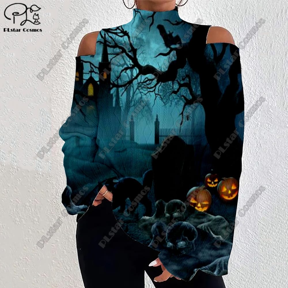 3D Printed Halloween Horror Death Skeleton Crow Owl Pattern Women's Lantern Sleeve Off Shoulder Textured Casual Long Sleeve w-8