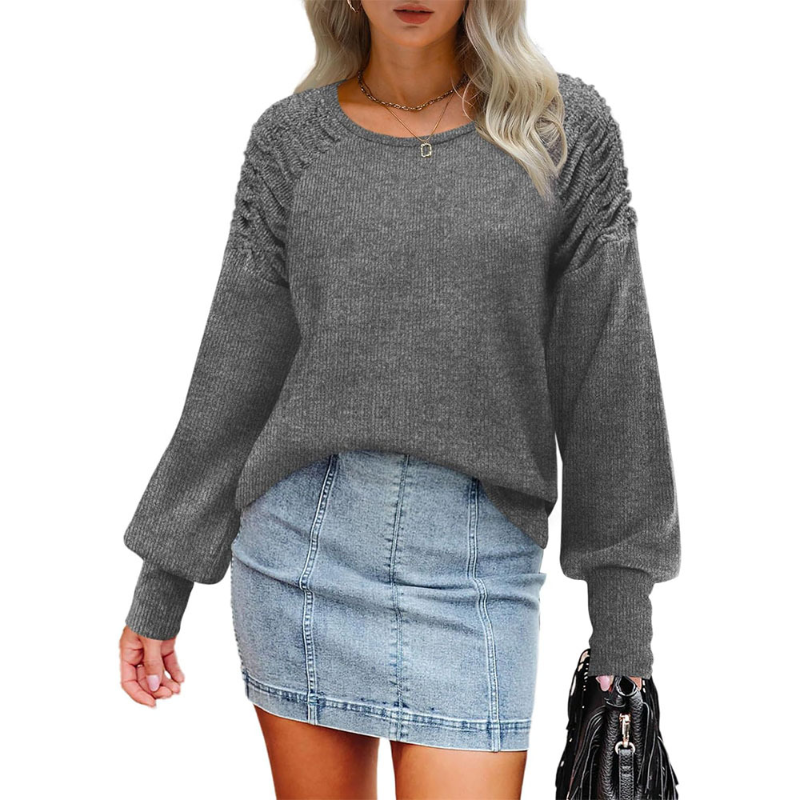 2023 Autumn and Winter New Fashion Temperament Women's Clothing Folds Round Neck Bubble Sleeve Solid Color Commuter Pullover