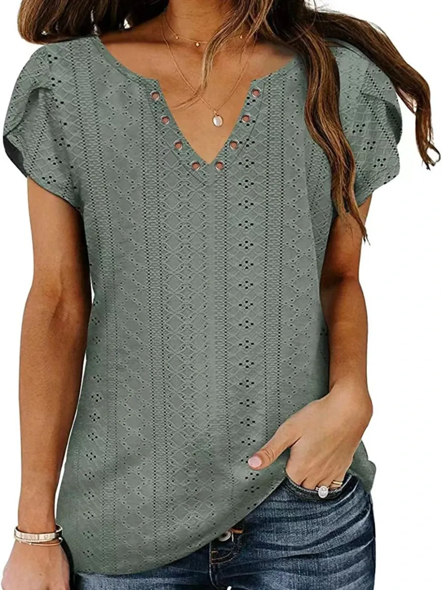 Women's Short Sleeve V Neck T Shirt, Solid Tops