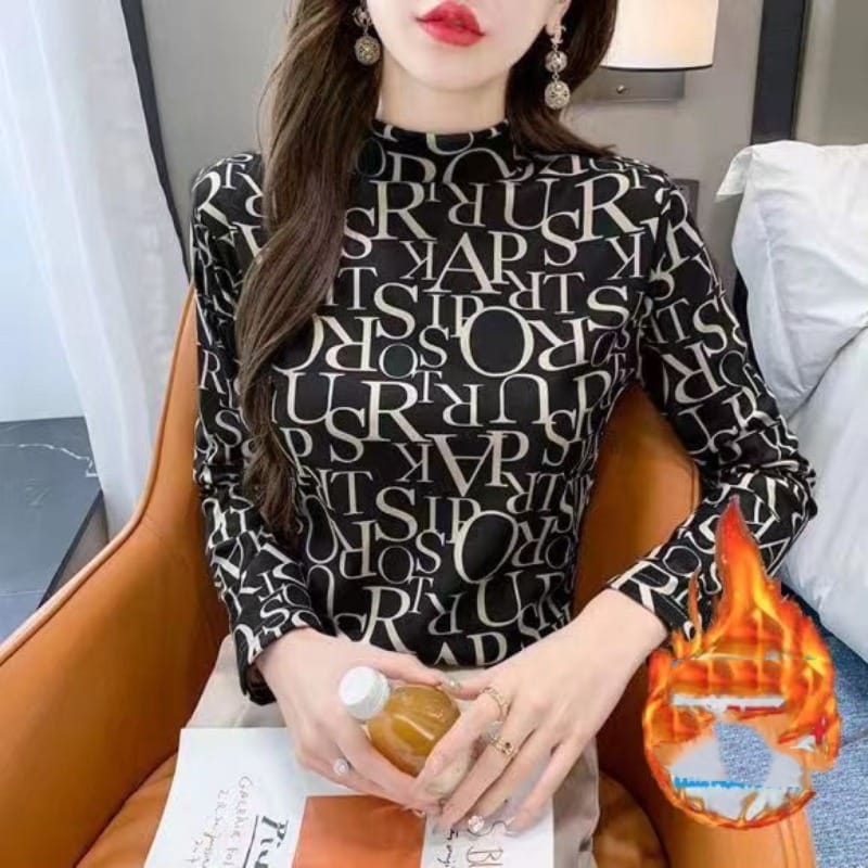 New German Velvet Thickened Pullover Half High Neck Warm Printed Letter Women's 2024 Fashion Casual Long Sleeved T-shirt Tops