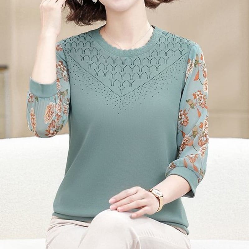 Spring and Autumn Women's Pullover Round Neck Three Quarter Gauze Rhinestone Printing Loose Commuter Fashion Casual Bottom Tops