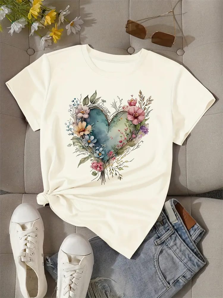 Summer Women's Cute T Shirt Heart Printed Short Sleeve Round Neck Casual Large Size Tops Women's Harajuku Street Fashion T Shirt
