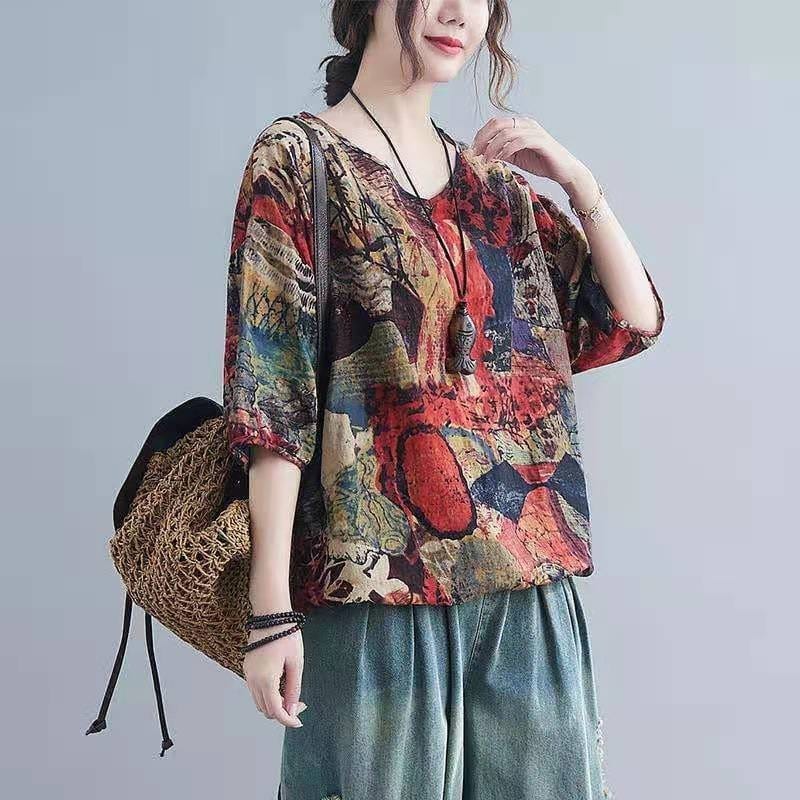 Women's Round Neck Pure Cotton Linen Summer New Loose Folk Retro Half Sleeve Printed Geometric Drawstring Pullover T-shirt Tops