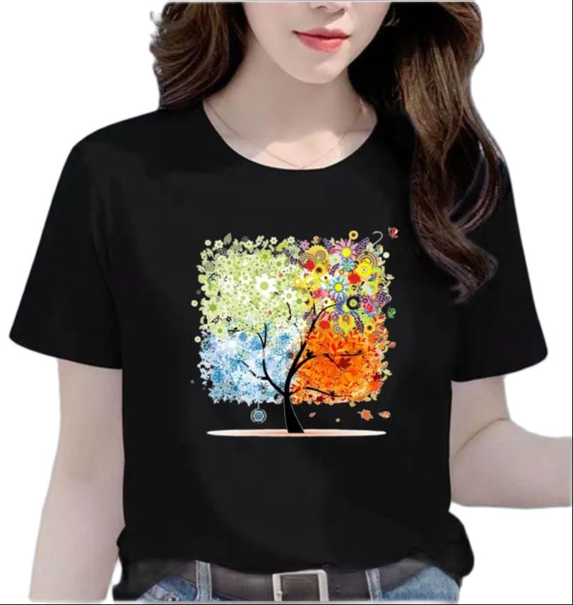 New Watercolor Tree Print Printed Round Neck Large Size Women's Short-sleeved Tops Graphic T Shirts Oversized  Tee Harajuku