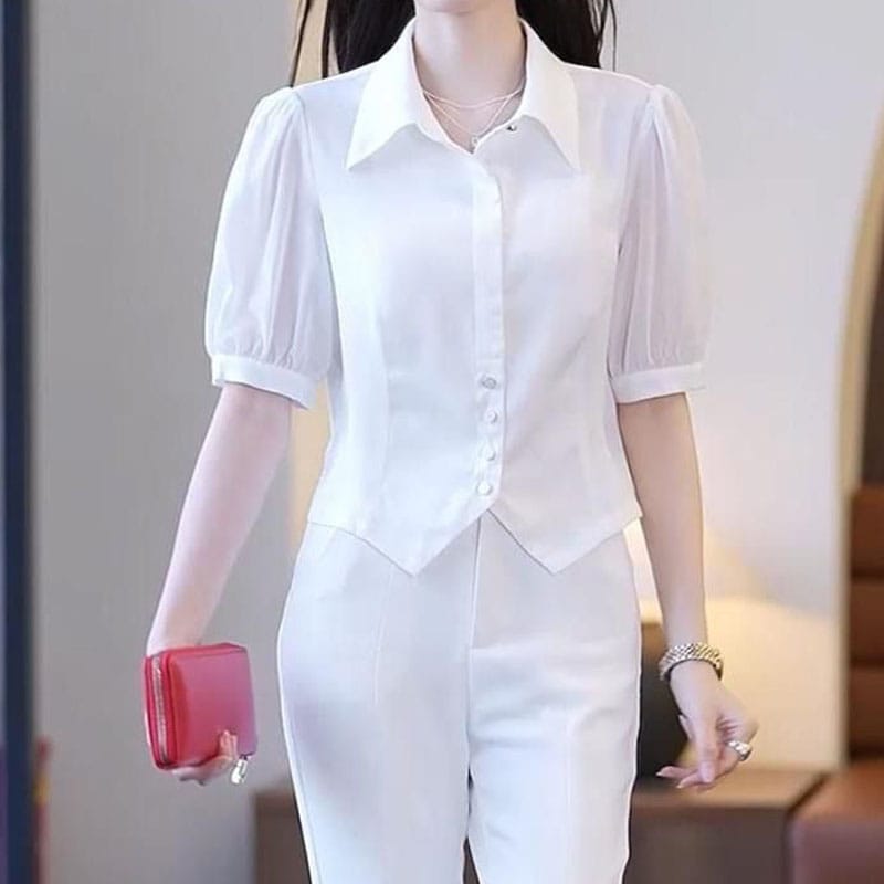 2023 Summer New Simplicity Commuter Solid Color Button Lapel Short Sleeve Fashion Trend Casual Elegant Women's Thin Top Blouse