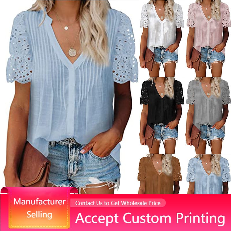 Women's Short Sleeve Fashion Shirt Spring Summer Casual Solid V-Neck Pleated Lace Panel Short Sleeve Top Pullover Chiffon Shirt