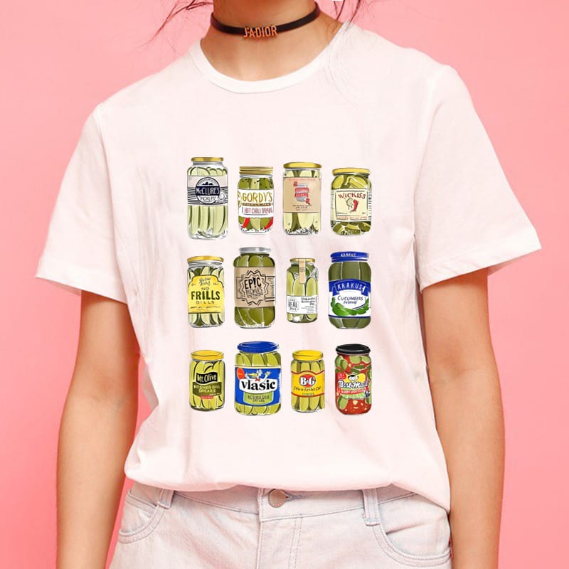 Pickles in The Jar T Shirt Femme Streetwear  Funny Graphic Women Tshirt Print Cartoon T-shirt White Tops Women's Clothes