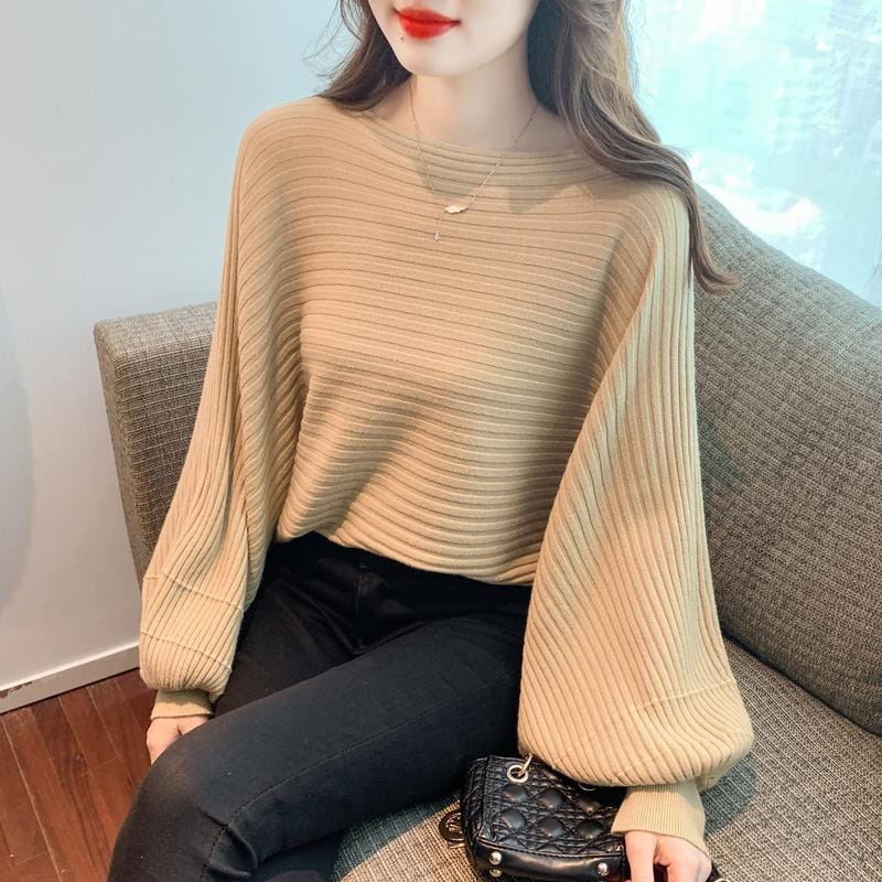 Spring Autumn Women's Clothing Solid Color Pullover Lantern Long Sleeve Round Neck Casual Loose T-shirt Elegant All-match Tops