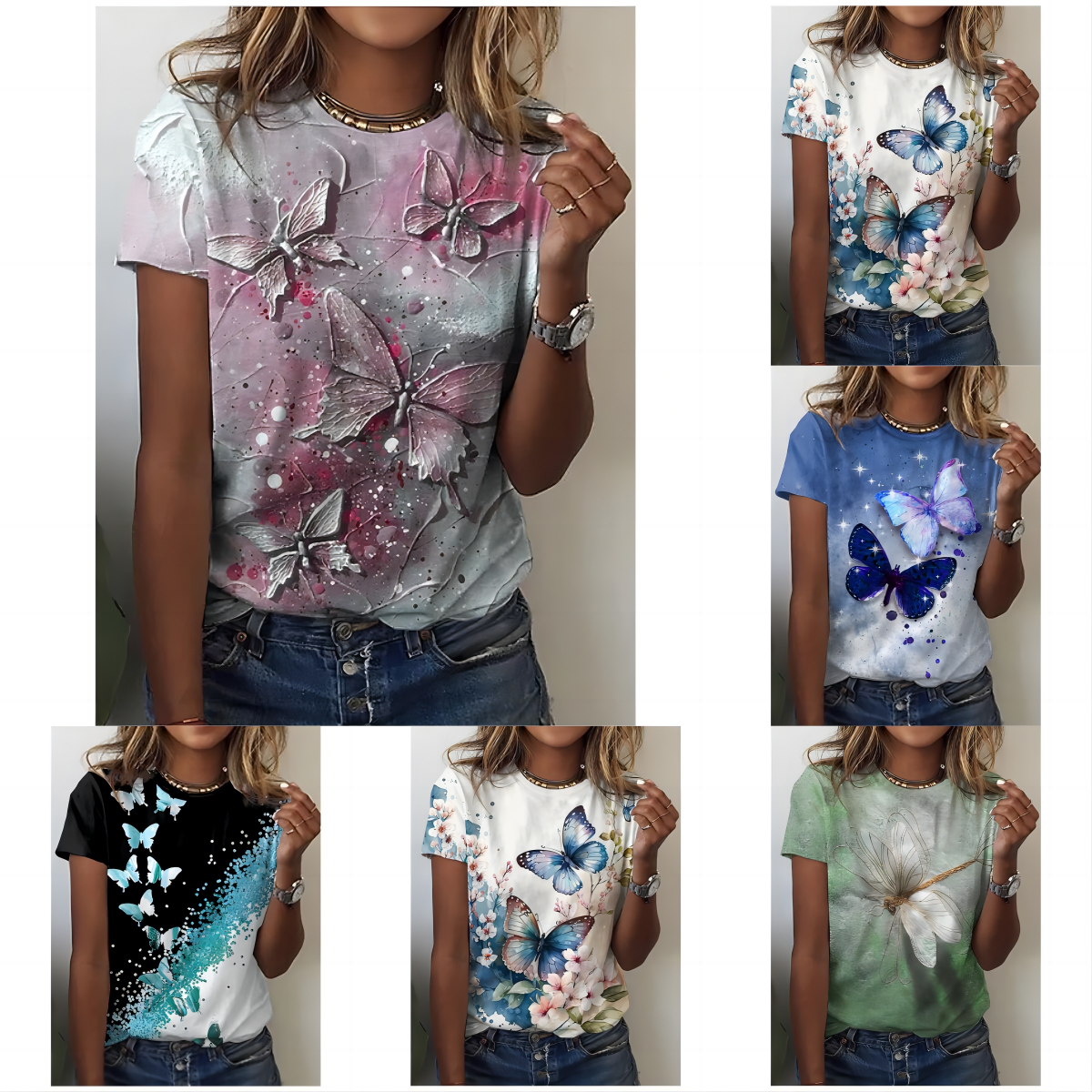 2024 summer fashion short-sleeved tops new O-neck 3d butterfly print T-shirt women's T-shirt plus size summer tops for women