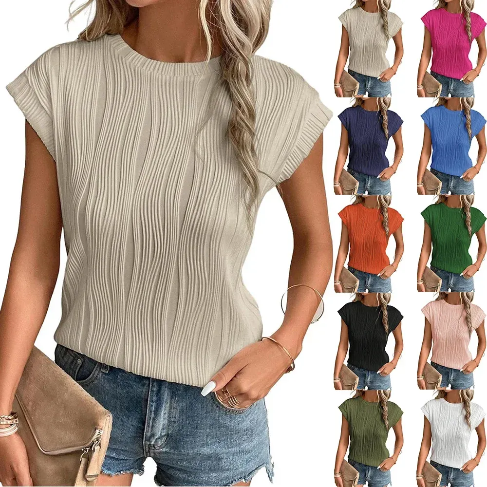 Europe and the United States new round neck short sleeve texture T-shirt top women's clothing