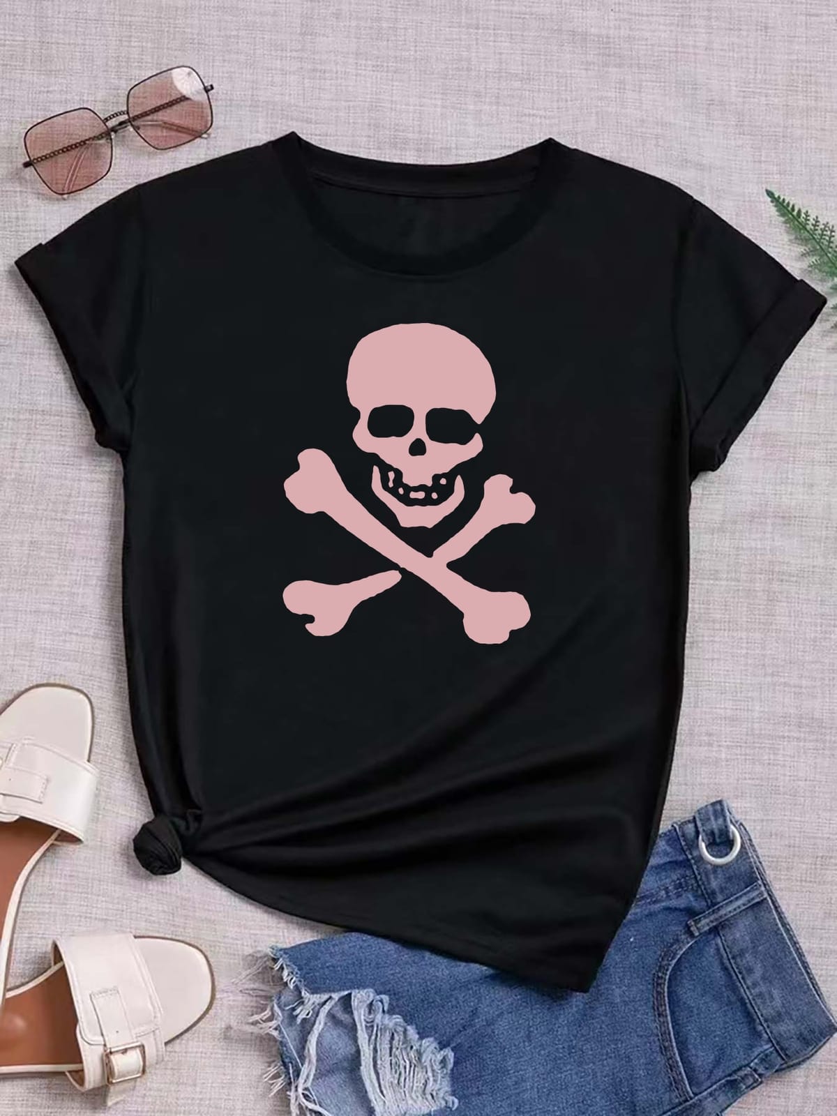 Skull Graphic Round Neck Sports Tee, Short Sleeves Casual Running Top, Women's Activewear