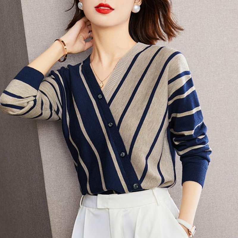 2023 Autumn and Winter New Elegant and Versatile Temperament Women's Clothing Splice Button V-Neck Long Sleeve Stripe Pullover
