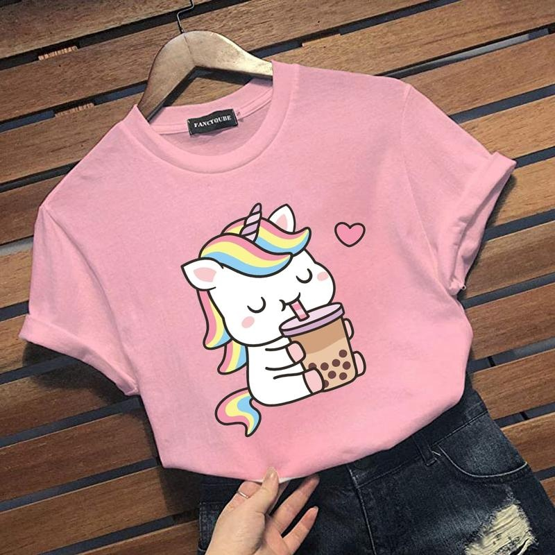 Kawaii Unicorn Drinking Pearl Milk Tea Printed T-Shirt Women's Casual Cute Unicorn Outdoor Round Neck T-Shirt Top