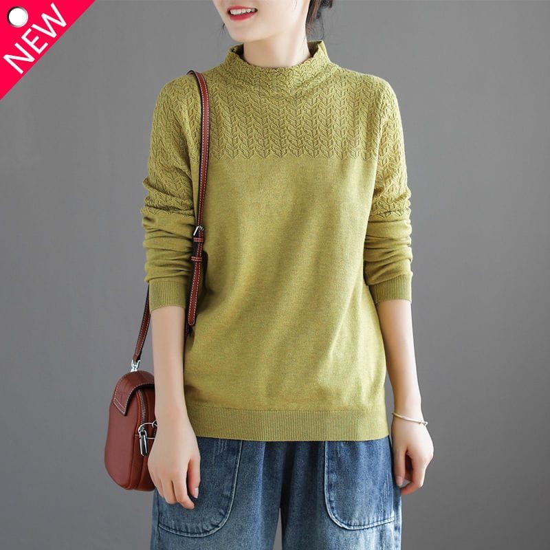 2023 Autumn and Winter New Temperament Women's Clothing Fashion Hollow Out Half High Neck Long Sleeve Solid Commuter Pullover