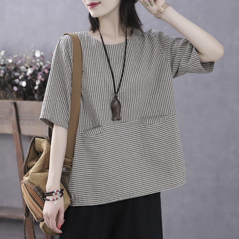 Vintage Women's Summer 2024 New Pullover O-Neck Patchwork Printing Striped Pocket Fashion Comfortable Loose Short Sleeve Tops
