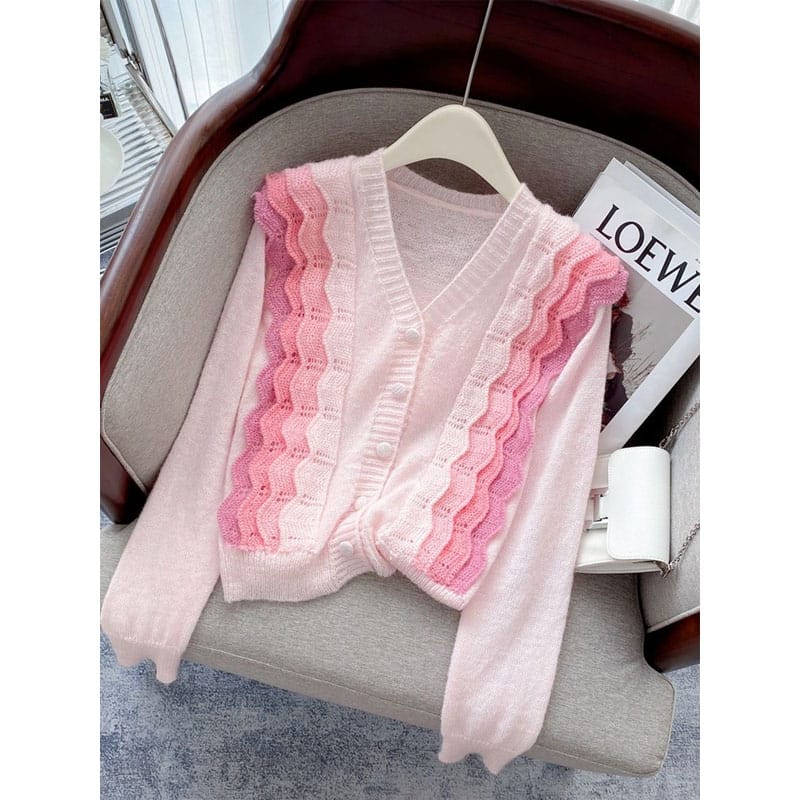 Fashionable and Versatile Temperament Women's Clothing 2023 Autumn and Winter New Splice Button V-neck Long Sleeved Pullover