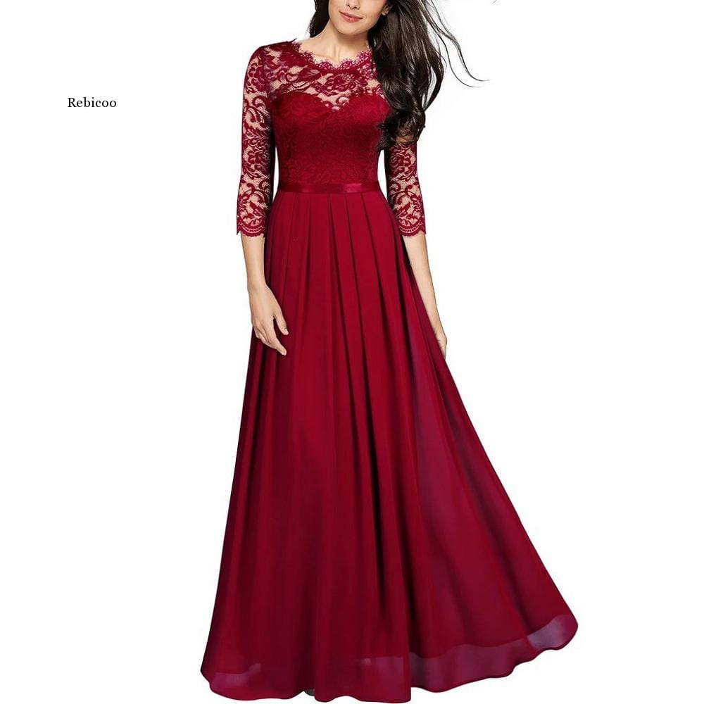 Green Black Red Women's Summer Long Prom Lace Vintage Dress Chiffon Ruffle Bridesmaid Floor Evening Maxi Night Party Dress Robes