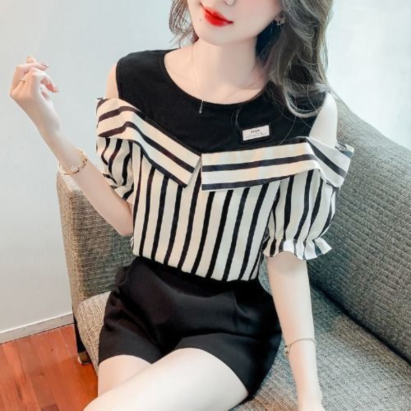 Casual Simplicity Women's Clothing Fashion Trend Solid Color Patchwork Round Neck Pullover Temperament Short Sleeved Top Blouse