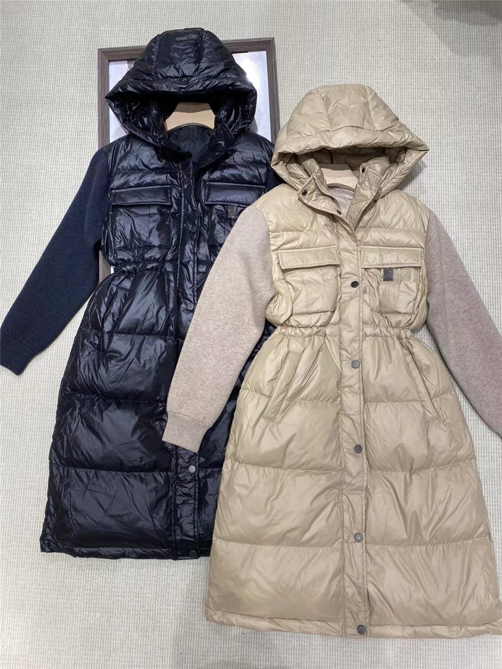 New B*C Women's Hooded Cashmere Stitching Goose Down Jaket Winter Female Elegant Waist Mid-length Coat Clothing