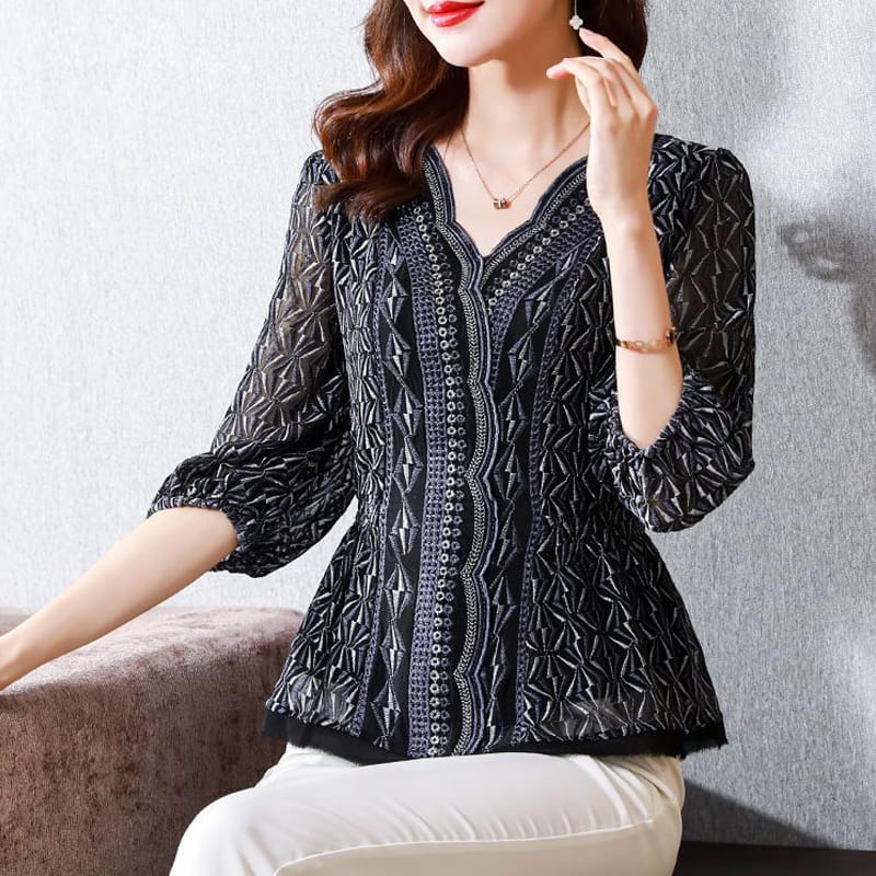 Women's Clothing Retro Ethnic Style Print Embroidery Elegant Blouse Summer Fashion V Neck 3/4 Sleeve Shirt Slim Chic Tops Blusas