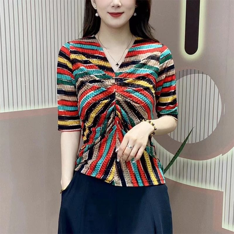 Summer Women's 2024 Pullover V-neck Patchwork Printed Striped Folds Fashionable Minimalist Commuting Slim Fit Half Sleeve Tops