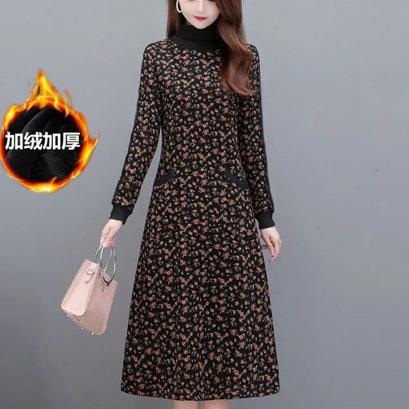 Winter Women's Fashion New Small Floral Pocket Half High Collar Thickened Long Sleeves Versatile and Comfortable Long Skirt