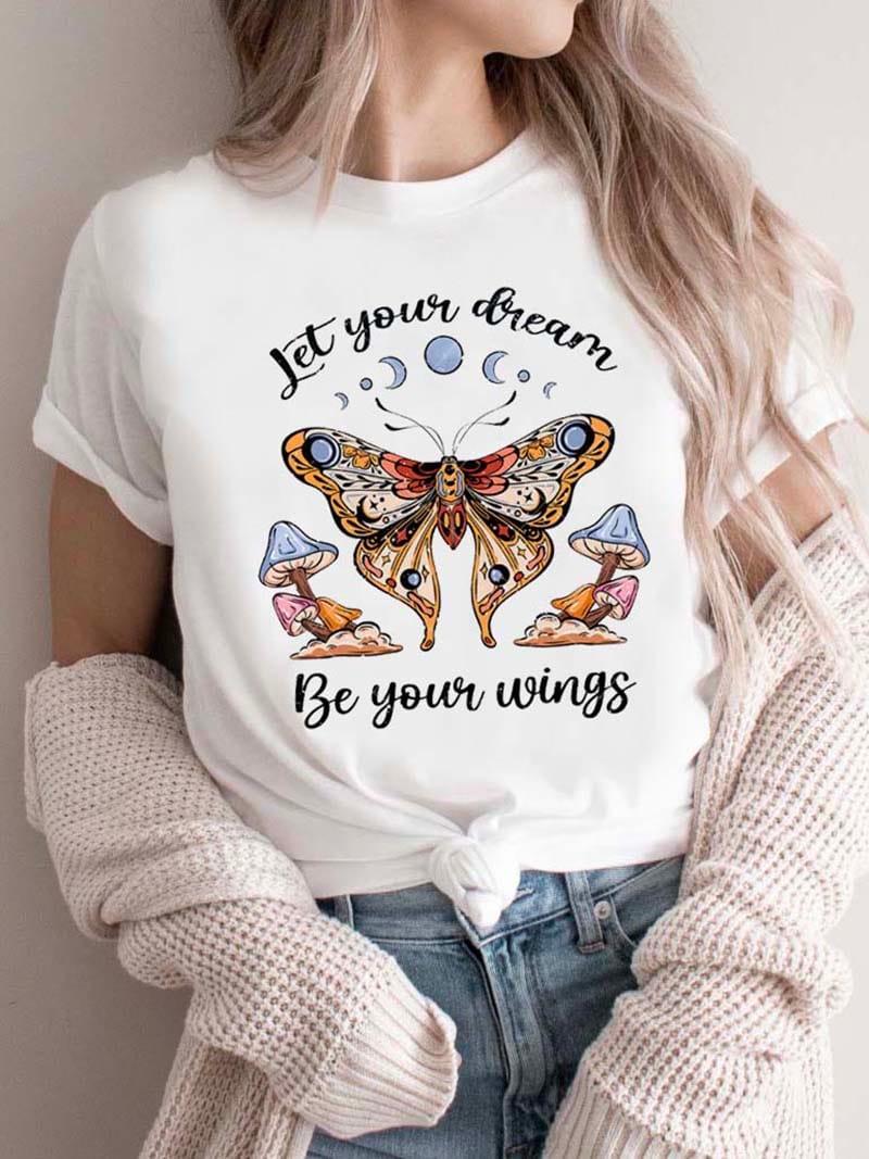 Sweet 90s Trendy Short Sleeved T-Shirt Casual T-Shirt Fashionable Women's Butterfly Printed Mushroom Letter Pattern T-Shirt.