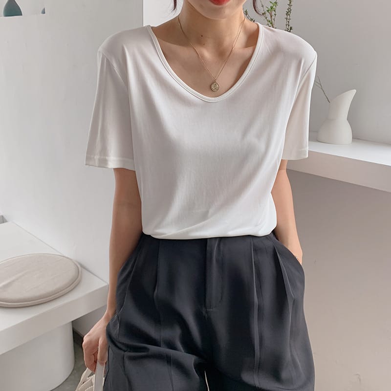 MRMT 2024 Brand New Women's Modal White Short Sleeve T-Shirt Women's Loose Solid Color Base Shirt Urethane V-neck Mask T-Shirt